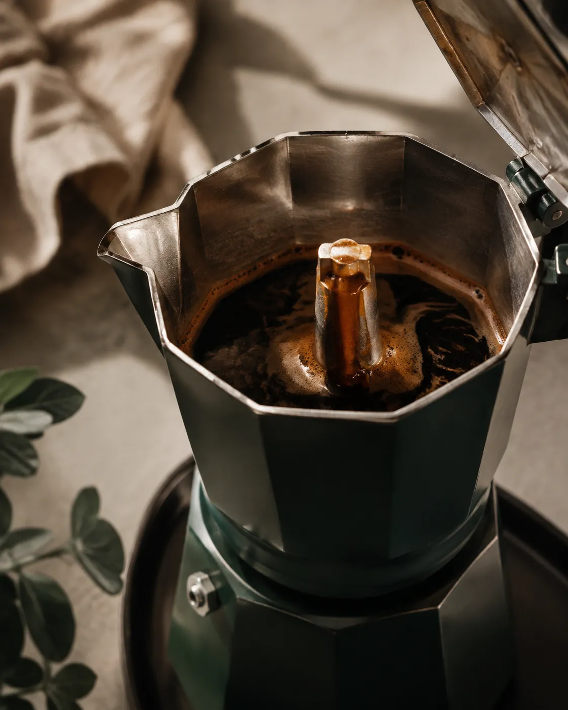 Dark coffee rising and spilling from the central column into the upper chamber of an open moka pot on a hob
