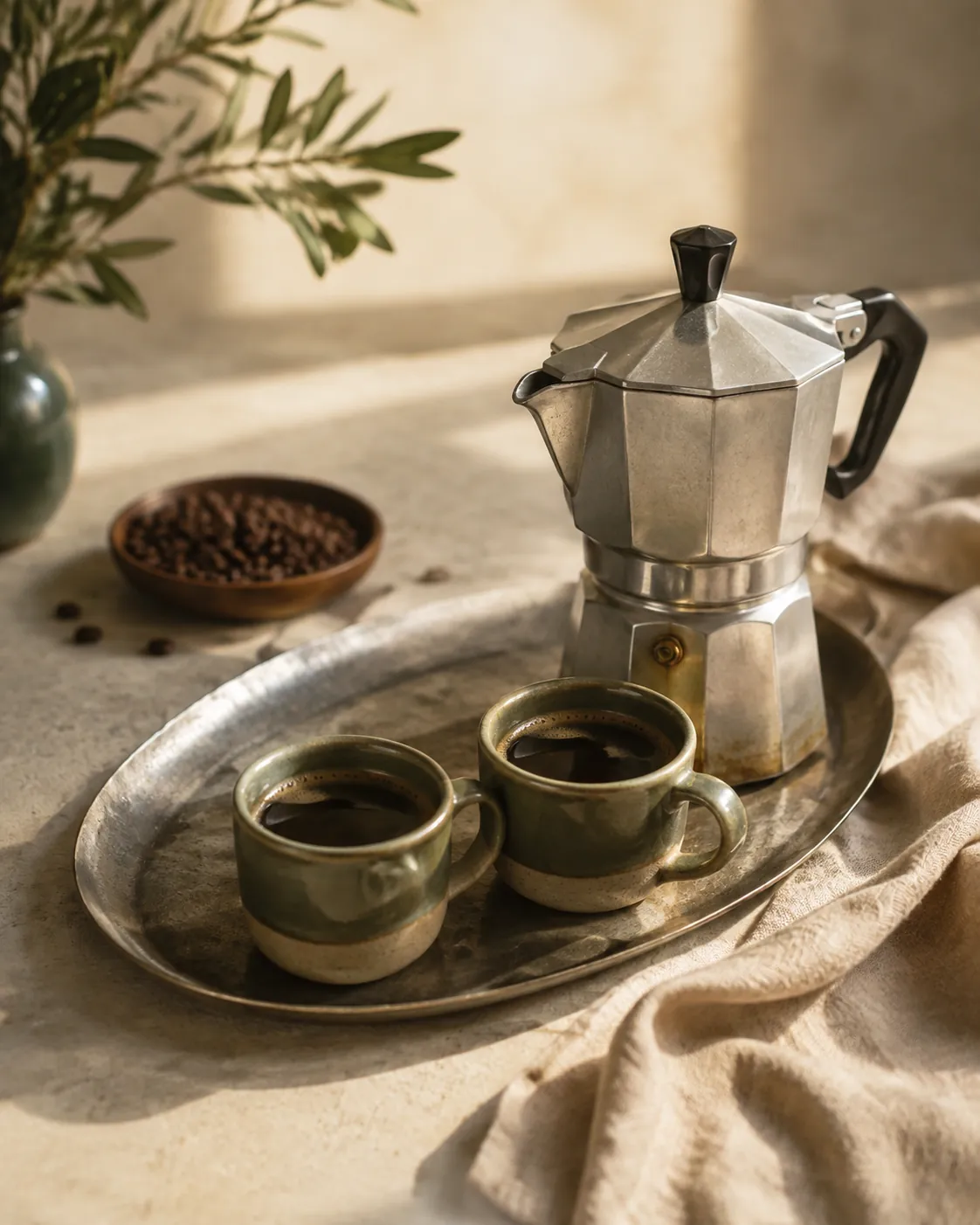 Two small cups of moka coffee poured on a tray beside the pot