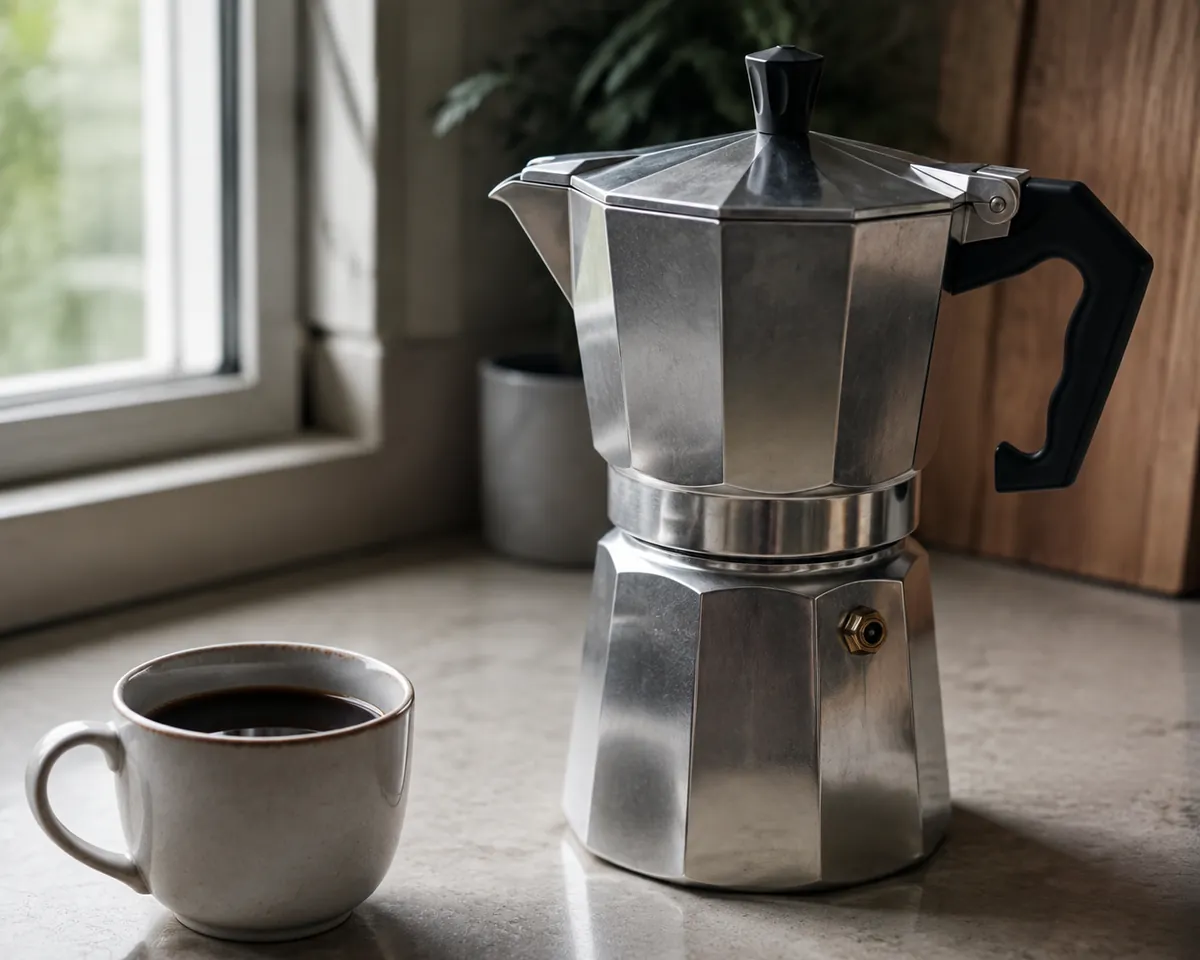 An aluminium moka pot on a hob with a small cup of dark coffee beside it
