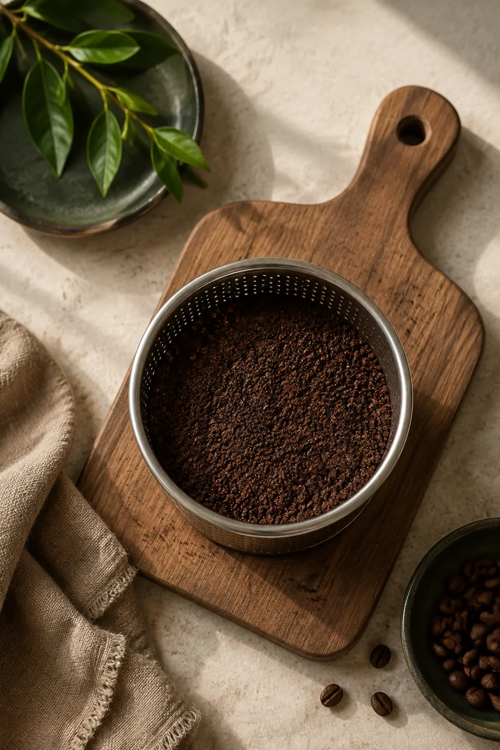 A perforated steel percolator basket filled with an even bed of coarse dark coffee grounds, seen from above