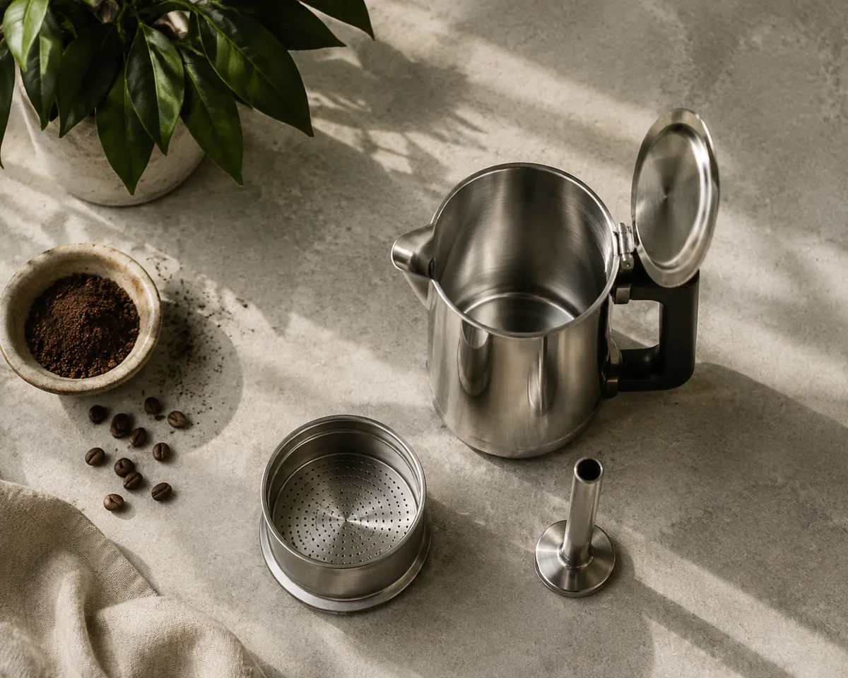 A stainless steel percolator standing open with its pump tube and perforated basket lifted out and laid beside it