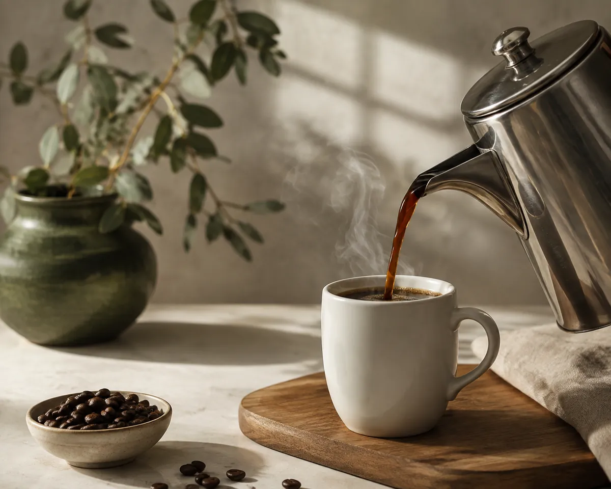 A large stainless percolator pouring dark coffee into a plain white mug on a wooden table