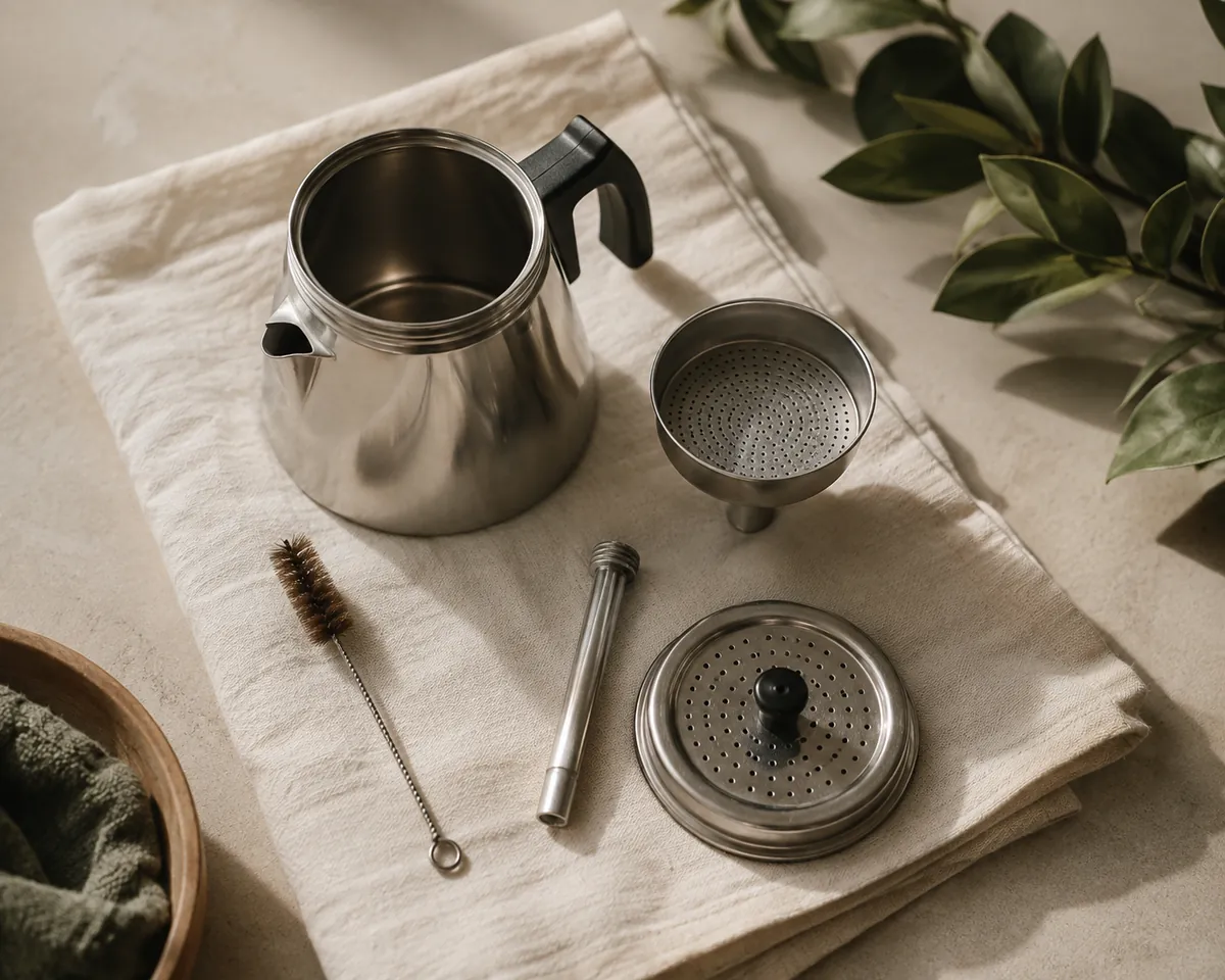A percolator pot, stem, basket and spreader lid arranged separately on a cloth to dry beside a small brush