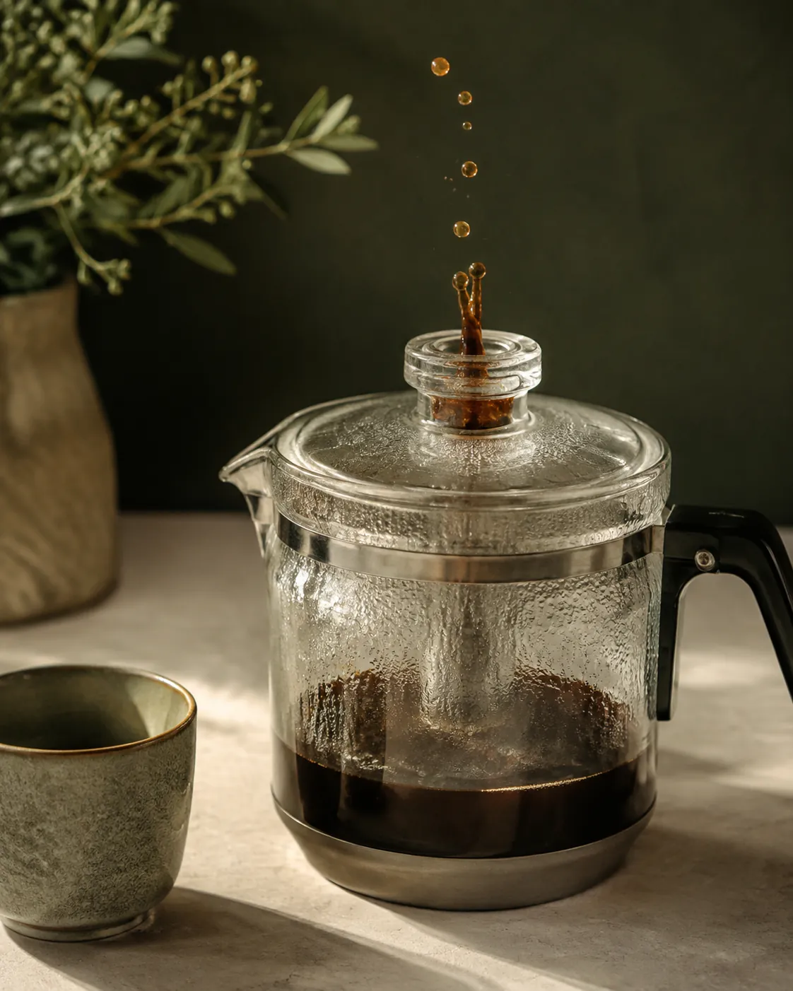 Dark coffee jumping up into the clear glass knob on the lid of a percolator, seen close against a dark background