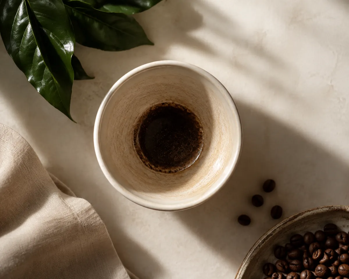 The bottom of a white cup showing a dark ring of fine coffee sediment settled in the last of the liquid