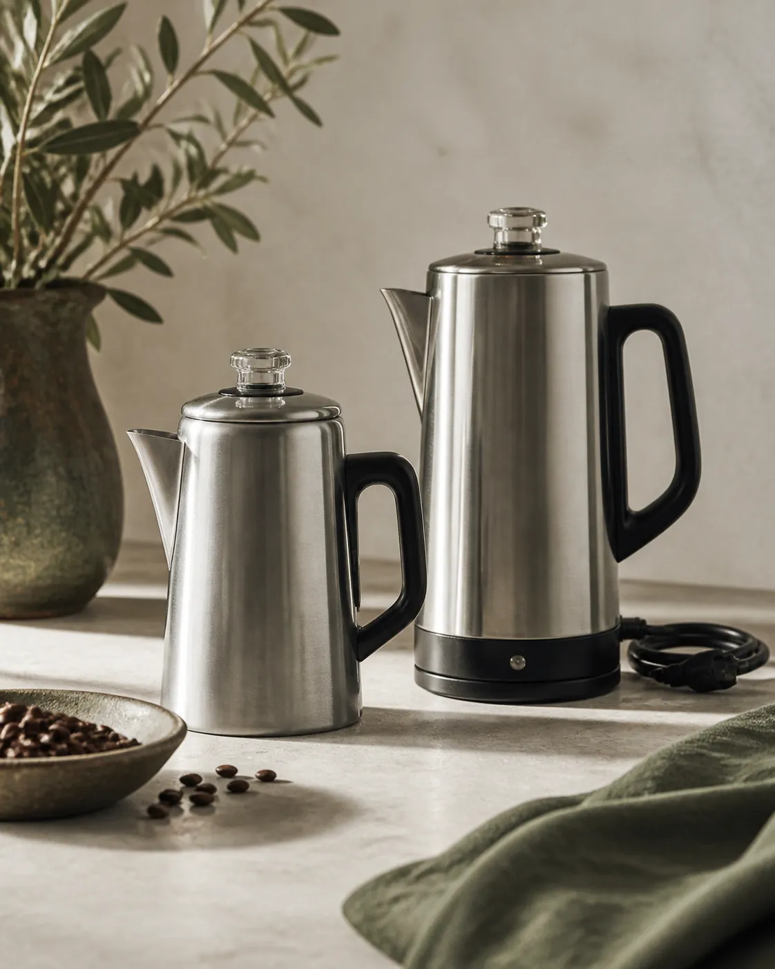 A brushed steel stovetop percolator beside a taller electric percolator with its cord coiled, both on a pale worktop