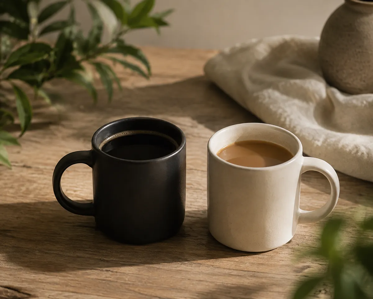 Two mugs of dark percolated coffee on a wooden table, one black and one lightened with milk