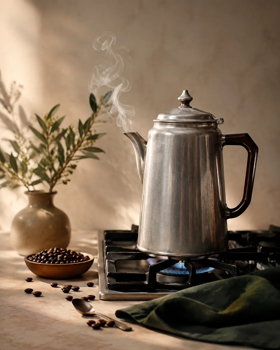 An aluminium percolator with a bakelite handle standing on a gas hob in warm low light