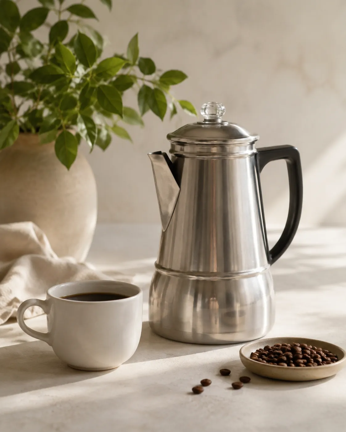 A stainless steel stovetop percolator with its glass lid knob, standing on a plain worktop