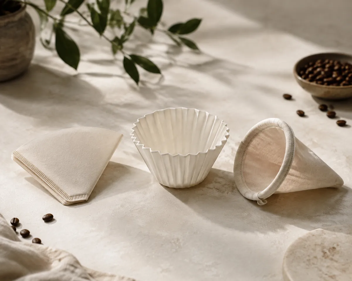 A folded paper cone, a flat-bottom paper and a cloth filter laid side by side