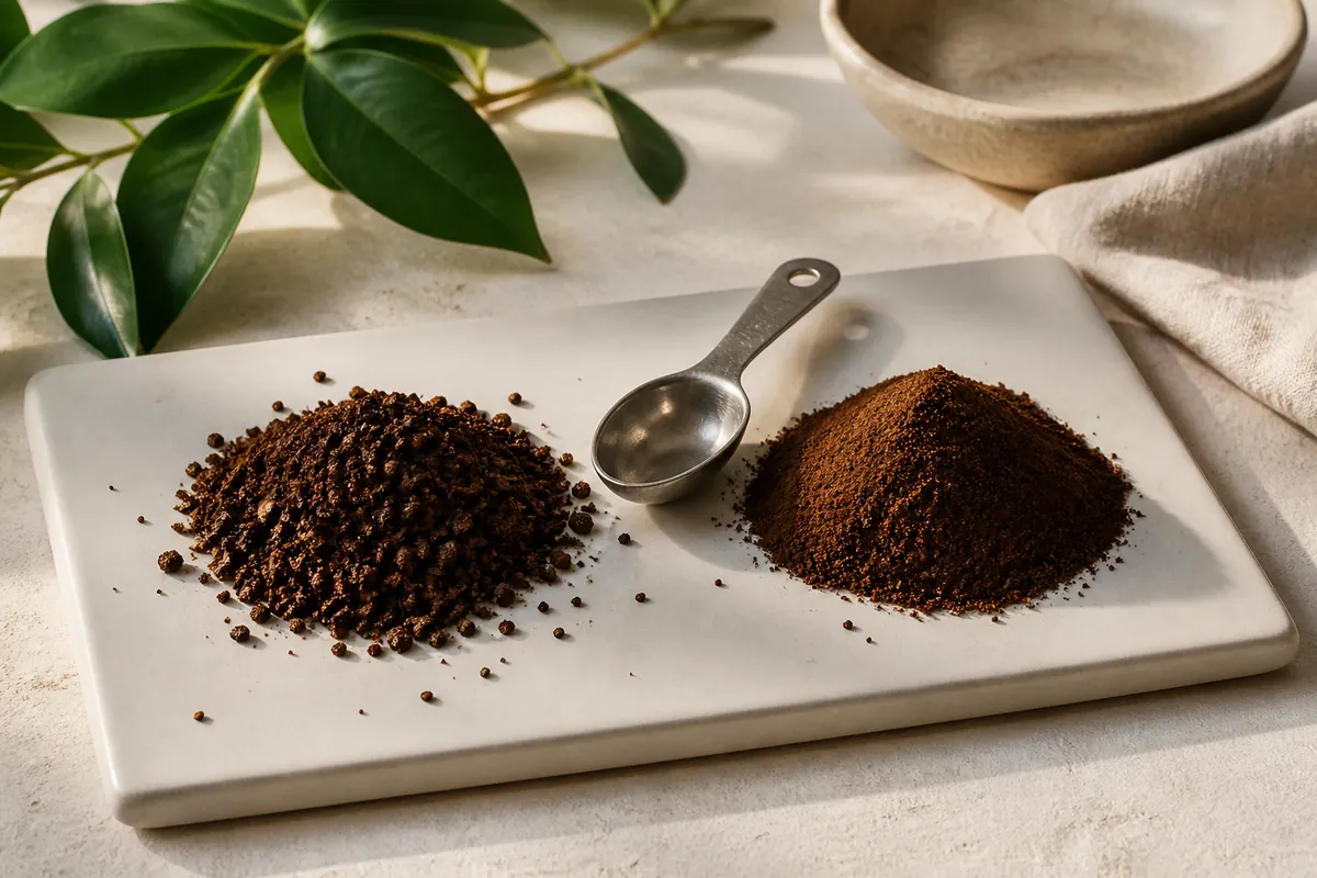 Two small mounds of ground coffee on a white tile, the left coarse and granular like table salt and the right visibly finer and powdery, a metal scoop between them