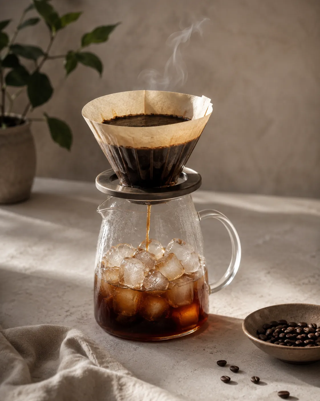 Hot coffee dripping from a paper cone into a glass carafe half filled with ice cubes, a wisp of steam above the cone