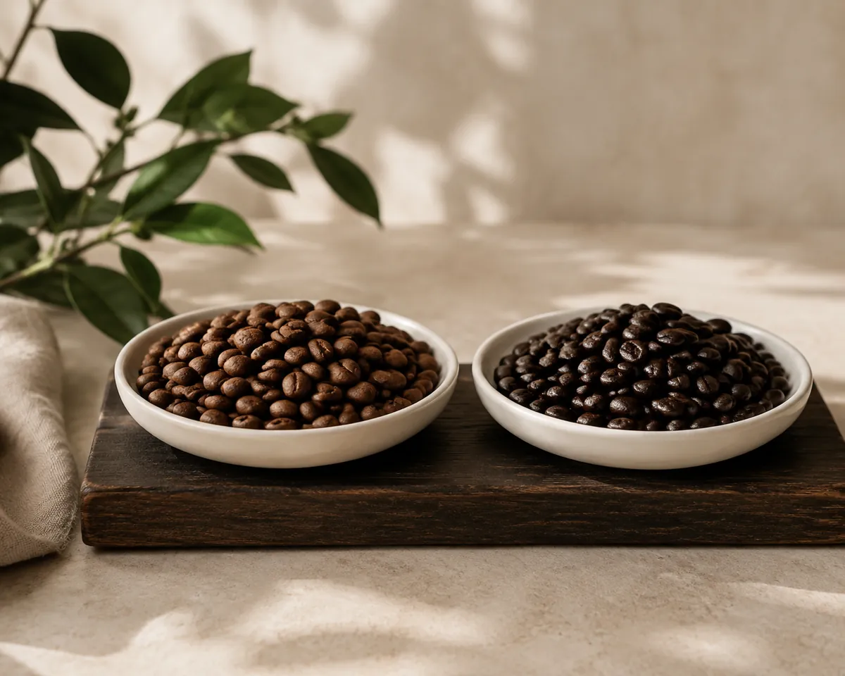 Two shallow dishes of whole coffee beans side by side, the left pale cinnamon-brown and matt, the right almost black and glossy with oil