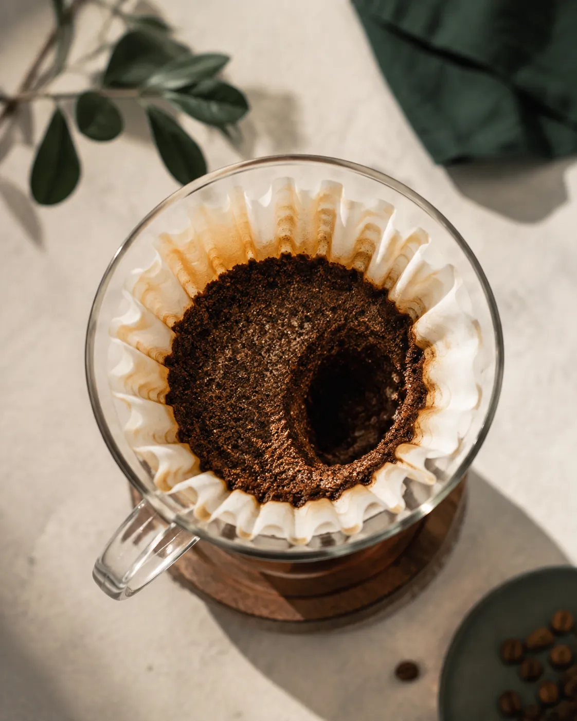A spent coffee bed in a cone with a visible crater on one side where water channelled