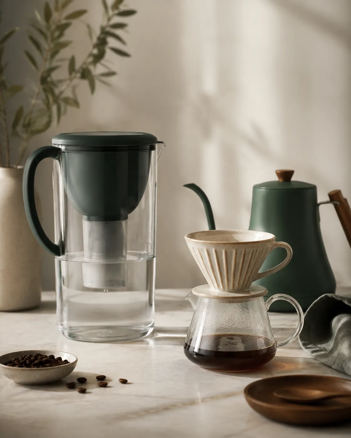 A filter jug of water standing beside a gooseneck kettle and a cone on a carafe