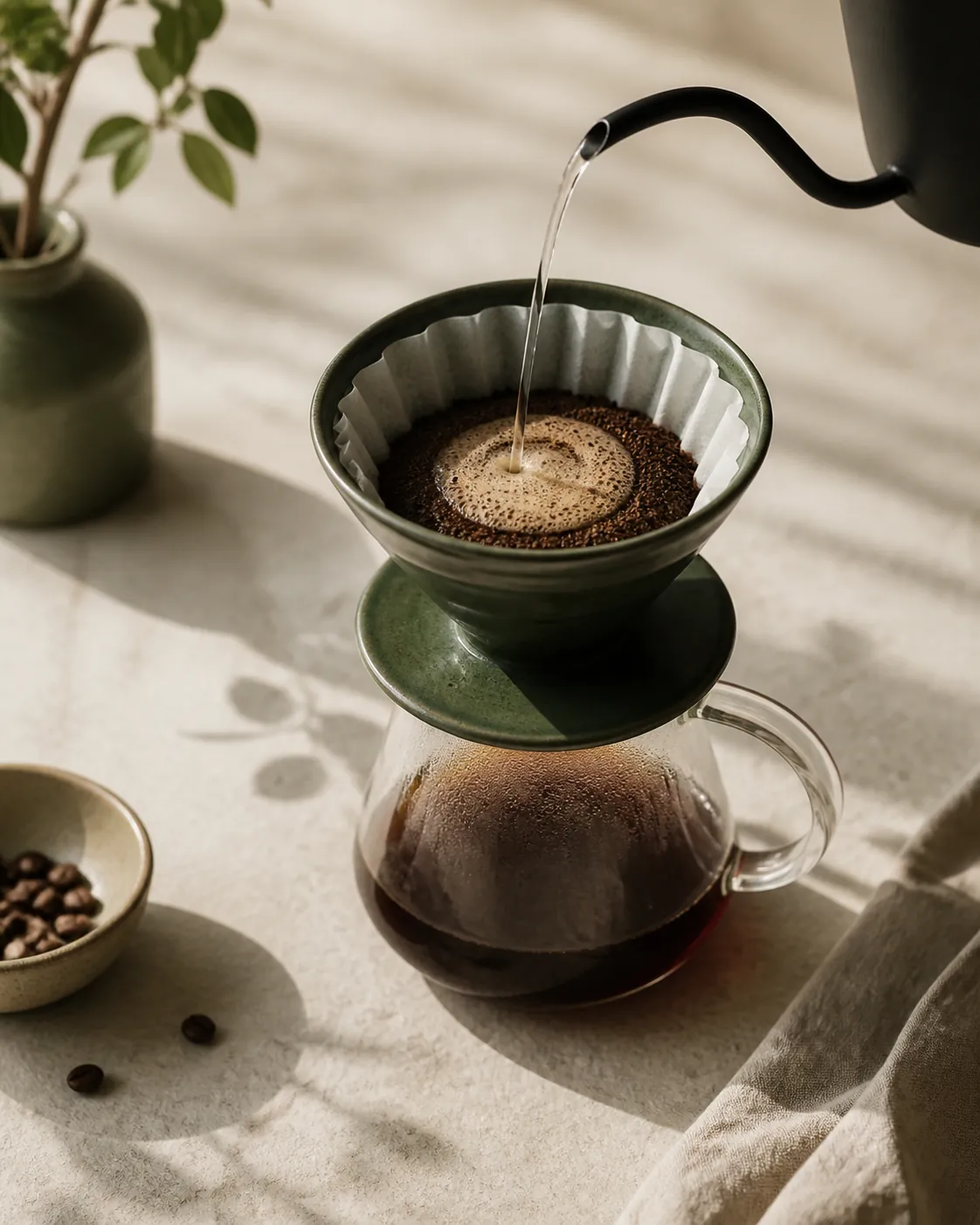 Water being poured over coffee in a filter cone