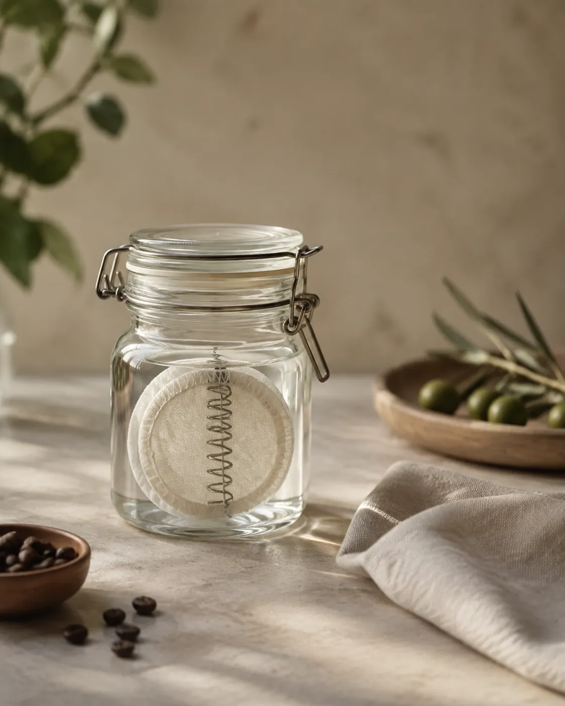 A round cloth siphon filter submerged in clear water inside a small lidded glass jar on a stone worktop