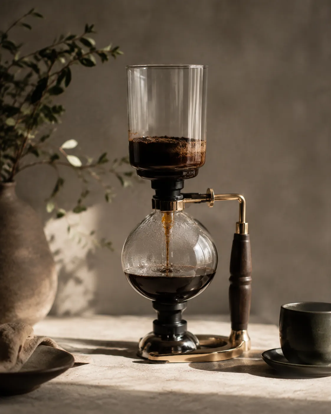 Dark brewed coffee drawing down the tube of a siphon brewer into the lower globe while spent grounds gather on the filter above