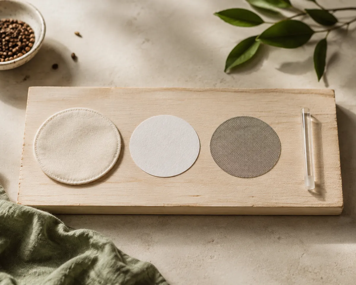 A cloth siphon filter, a paper disc, a fine metal screen and a ground glass rod laid in a row on a pale wooden board