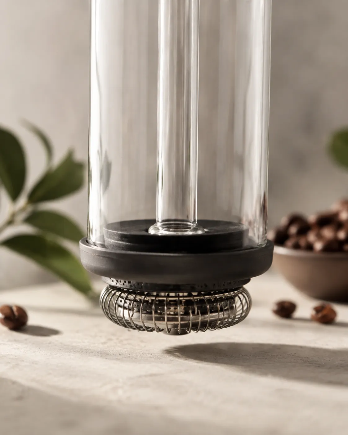 A silicone gasket seated on the base of a siphon brewer tube, held close against a plain grey background