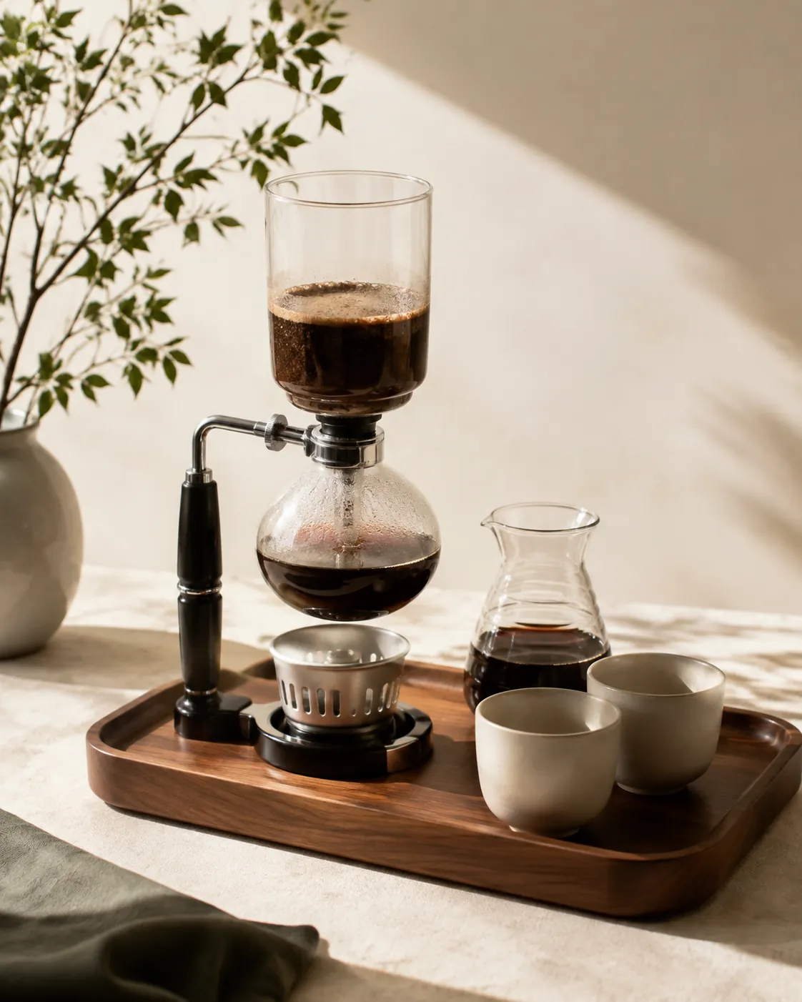 A siphon brewer assembled on a wooden tray beside a small glass carafe and two white cups in soft daylight