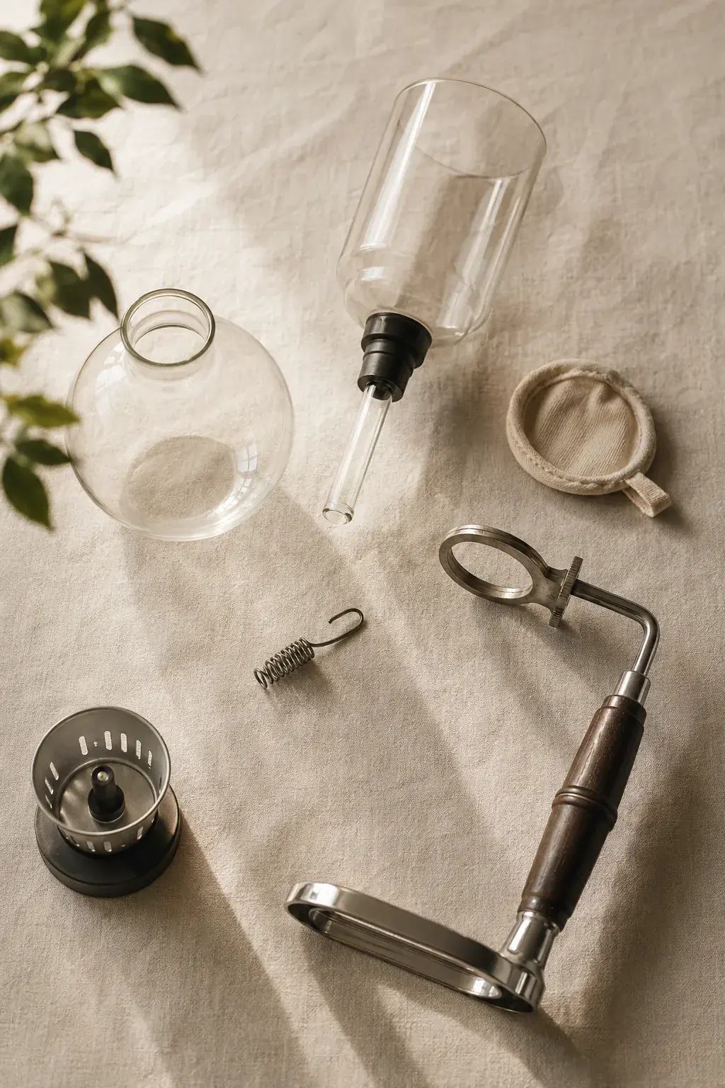 A dismantled siphon brewer laid out in pieces on a linen cloth, the glass globe, upper chamber, filter, spring and stand separated