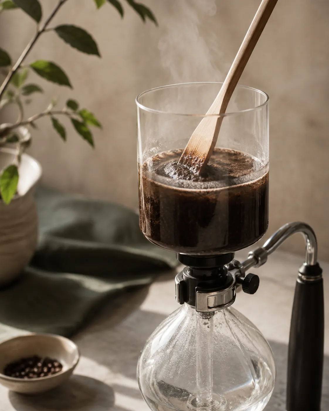 A flat bamboo paddle stirring dark grounds into hot water in the upper chamber of a siphon brewer