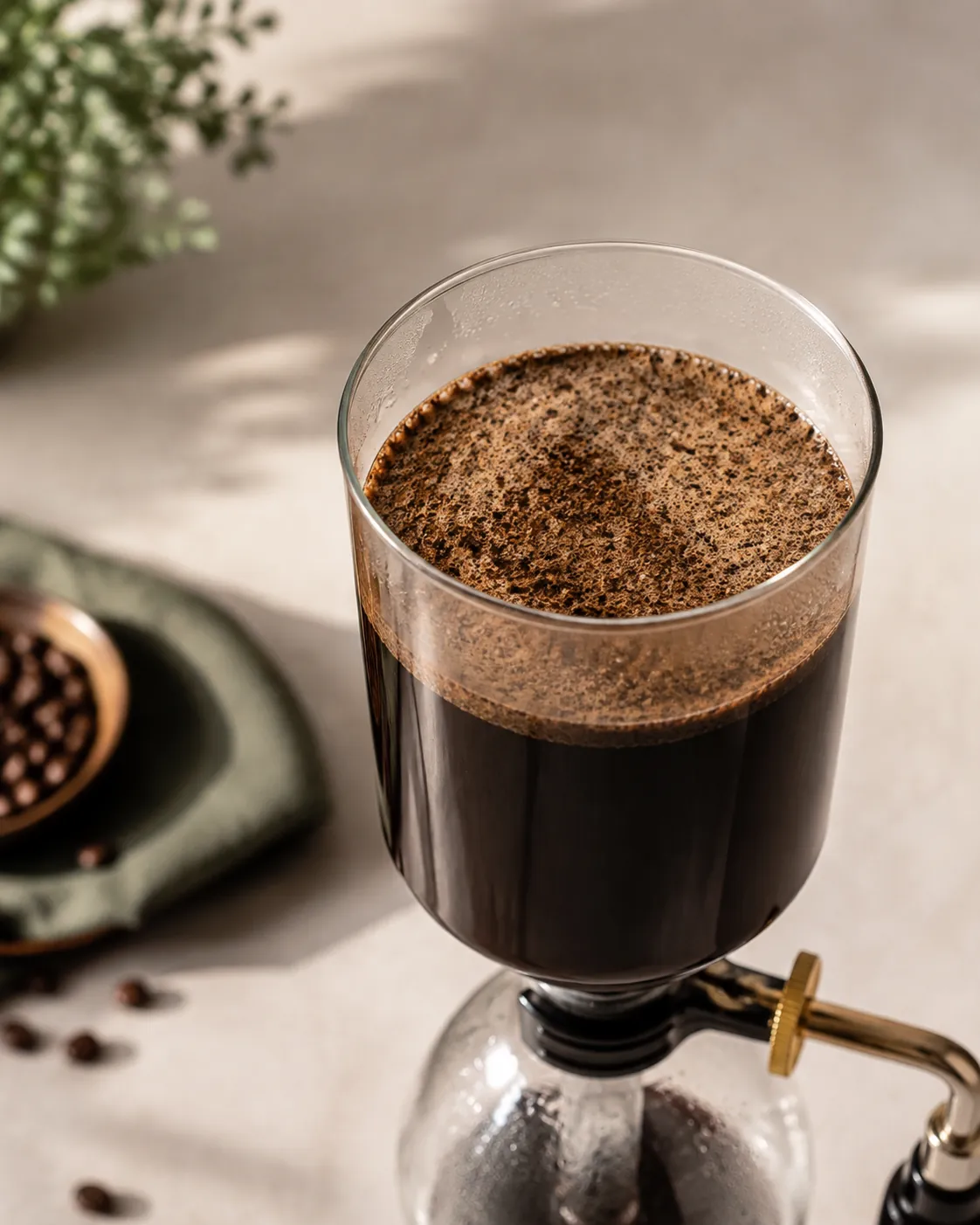 A dark coffee slurry filling the upper chamber of a siphon brewer, a thick crust of grounds standing on the surface