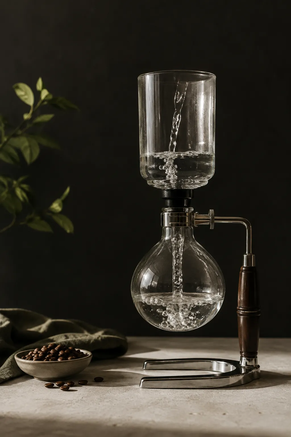 Water climbing the glass tube of a siphon brewer into the empty upper chamber, a shallow layer still bubbling in the lower globe