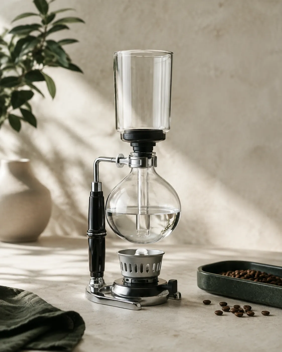 A two-chamber glass siphon brewer standing on its metal frame above an unlit burner