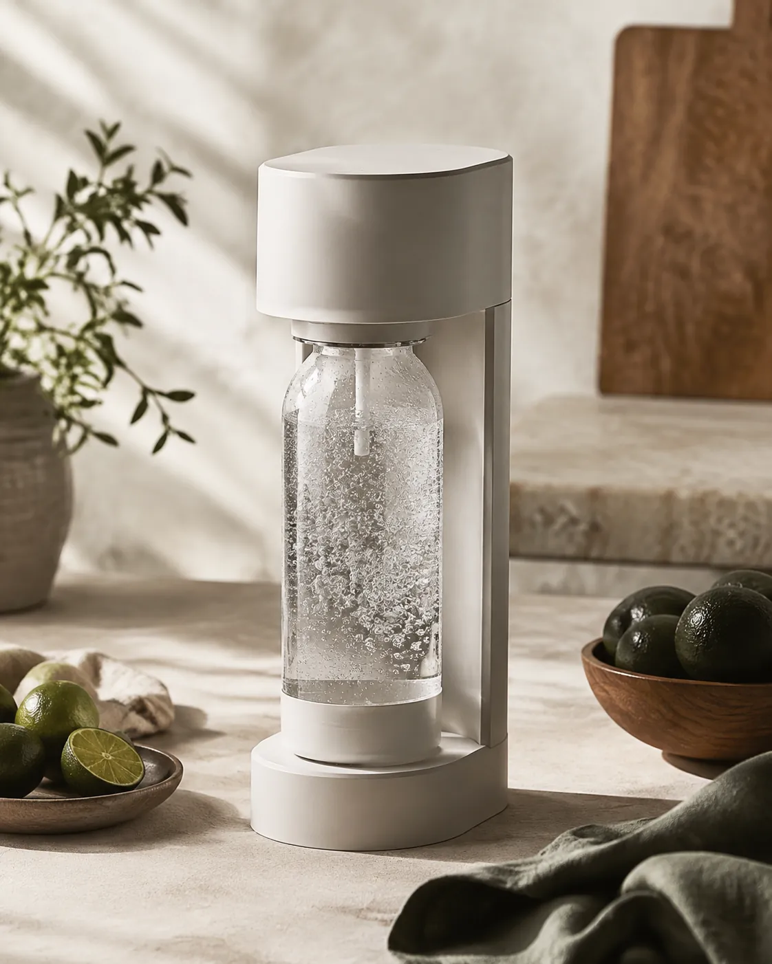 A clear carbonating bottle of cold water in a soda maker with dense fine bubbles streaming upward and condensation on the outside