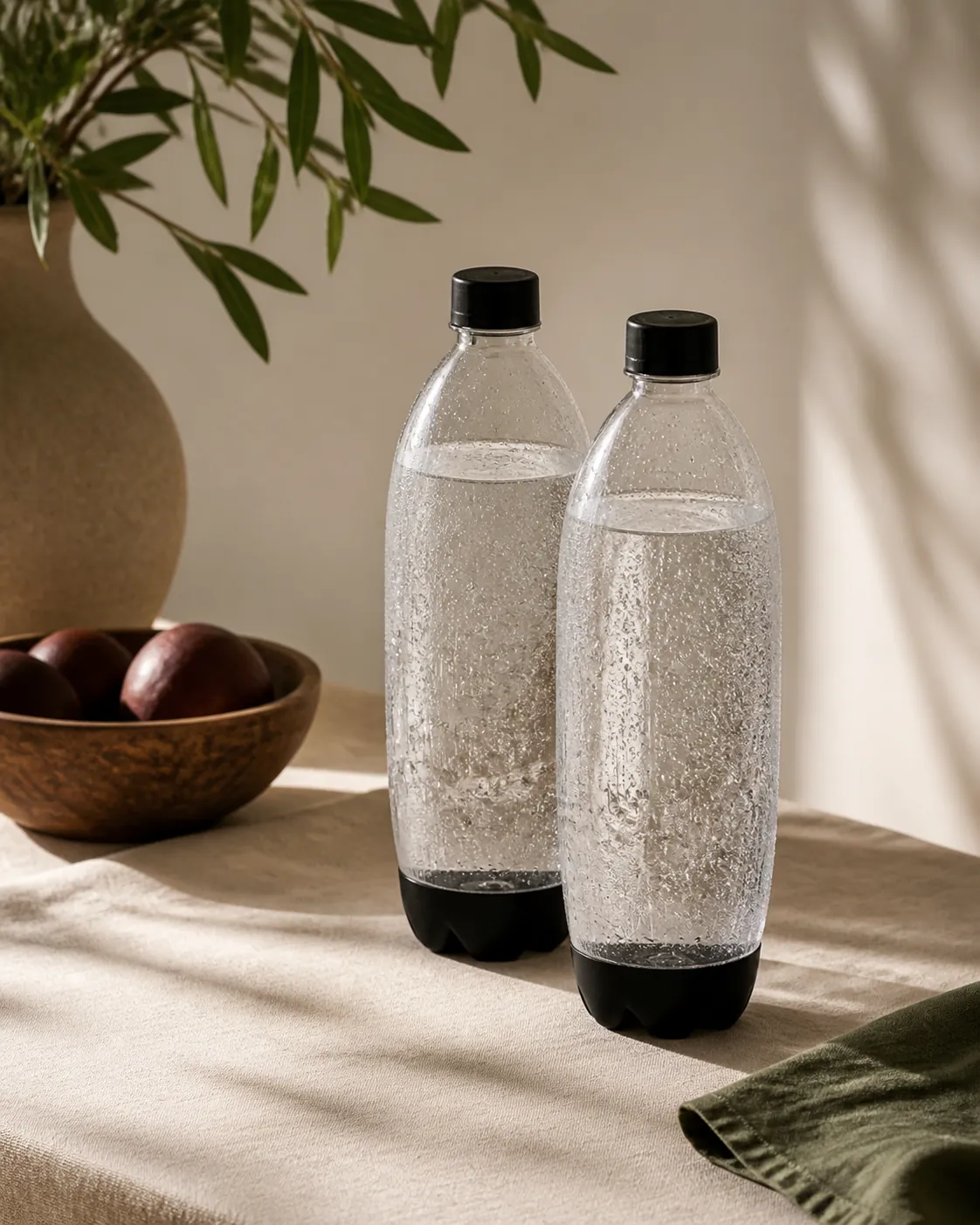 Two filled clear carbonating bottles of still water standing on a fridge shelf, beaded with condensation