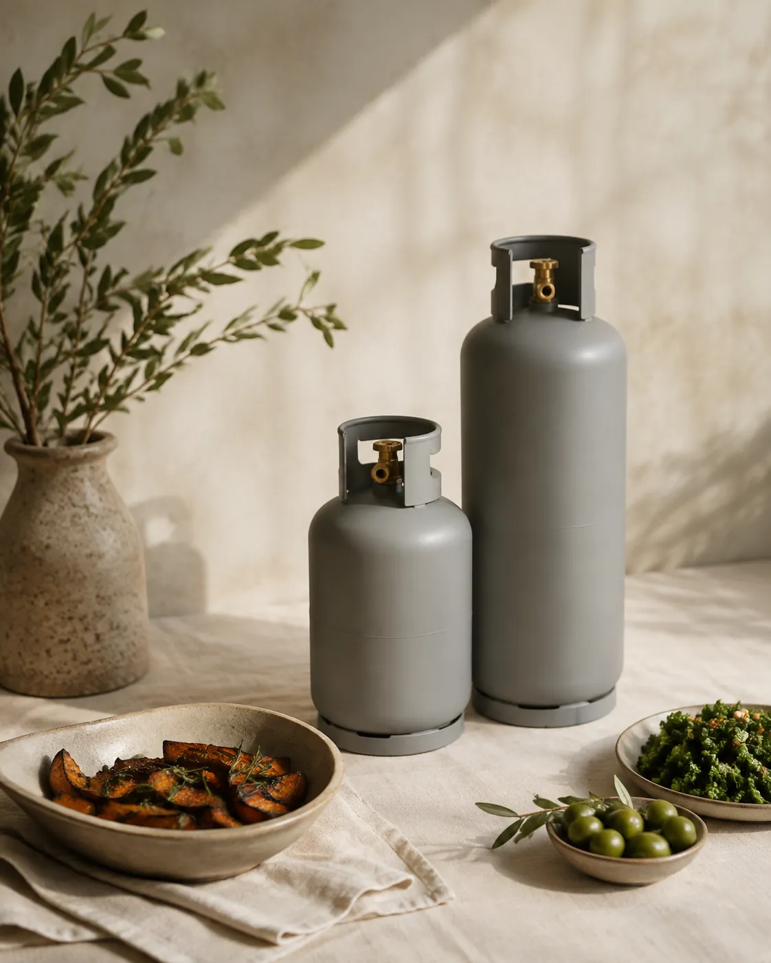 A short grey gas cylinder and a taller one standing upright side by side on a tiled floor