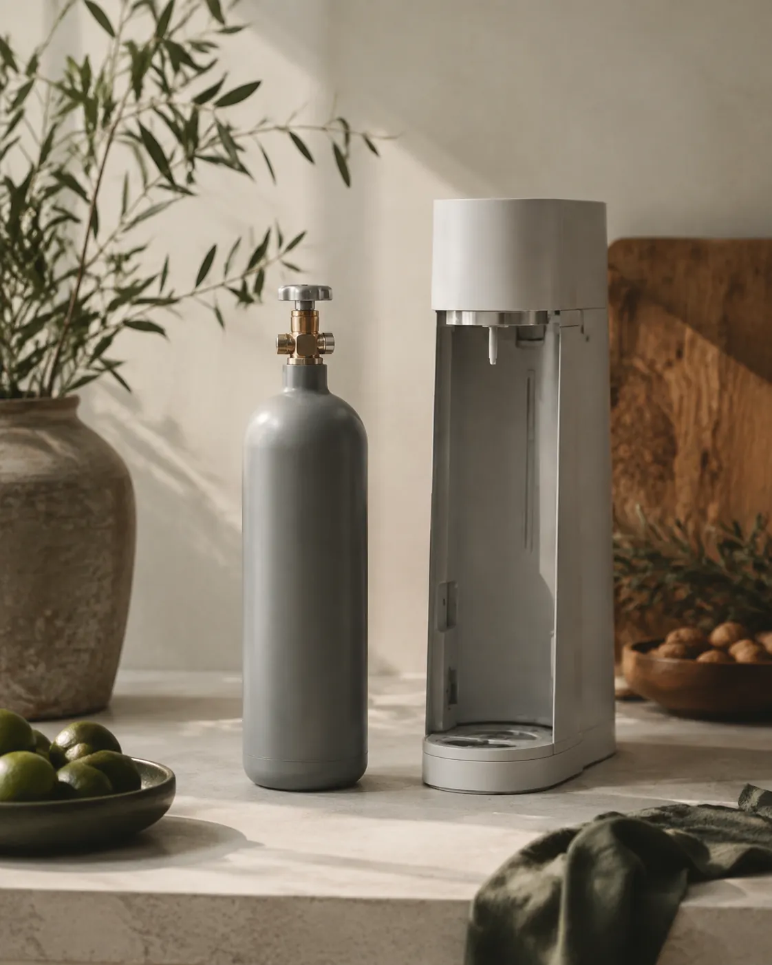 A plain grey gas cylinder standing upright beside a soda maker with its rear panel open and the cylinder bay empty