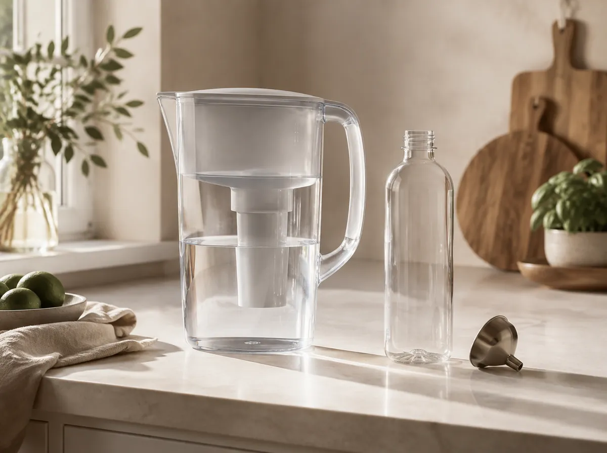 A clear water filter jug full of water beside an empty carbonating bottle and a small funnel on a kitchen counter