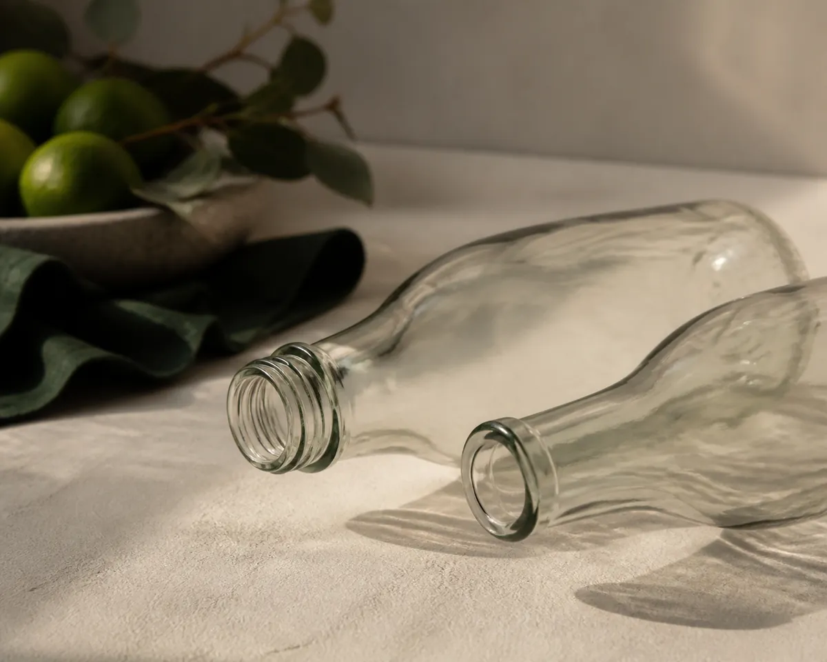 Two carbonating bottles lying on their sides with their necks to the camera, one deeply threaded and one with a smooth snap-in collar
