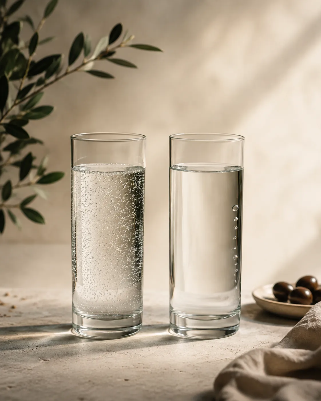 Two identical glasses of water side by side, the left one dense with fine rising bubbles and the right one almost still