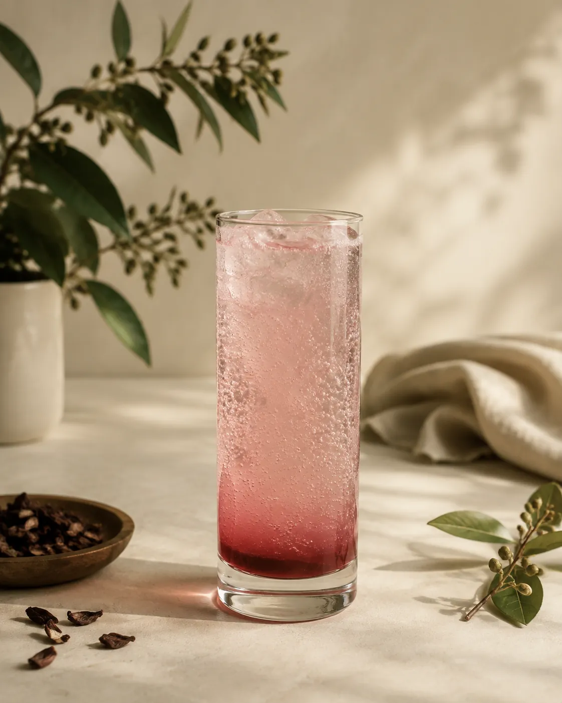 A tall glass of pale pink soda over ice with a darker syrup layer settled at the bottom and bubbles rising through it