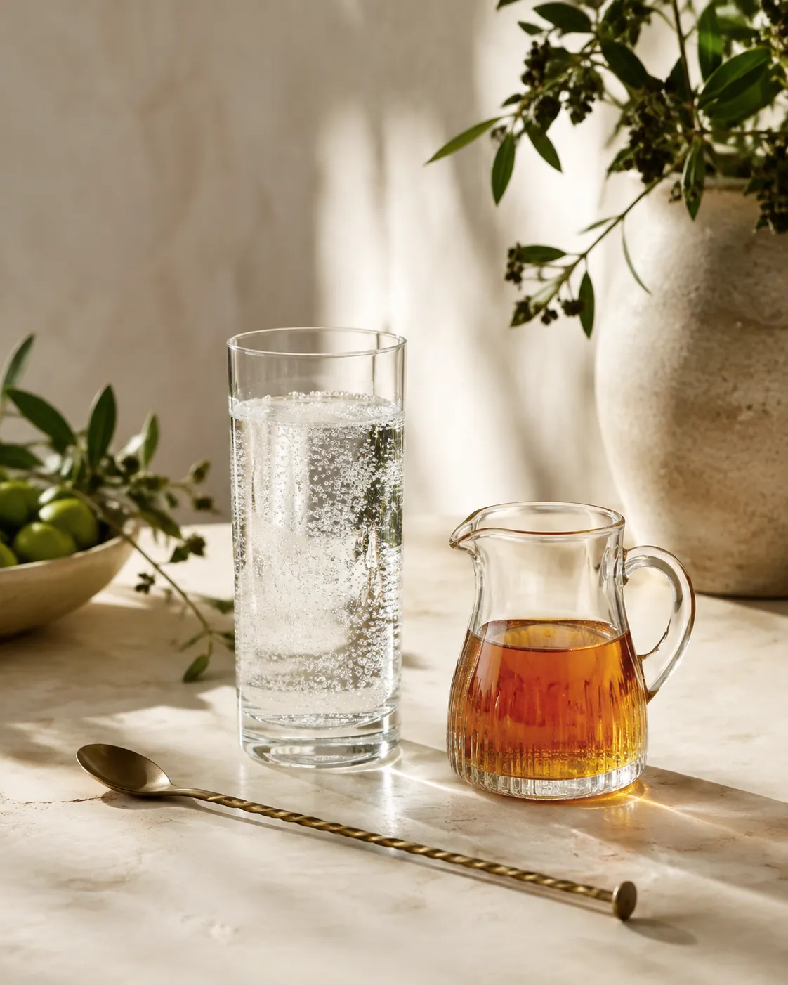 A tall glass of clear sparkling water beside a small glass jug of amber cordial and a long thin bar spoon on a pale counter