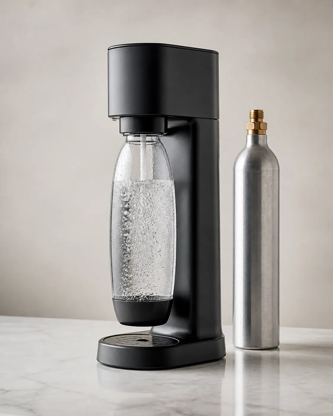 A countertop soda maker with a bottle of carbonated water and a CO2 cylinder
