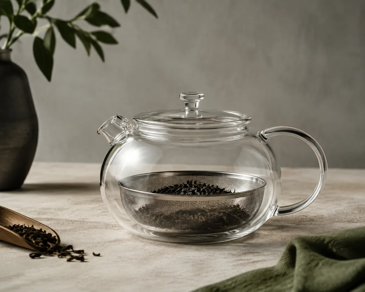 A wide stainless steel mesh basket sitting down inside a clear glass teapot with dark tea leaves loose in the bottom of it