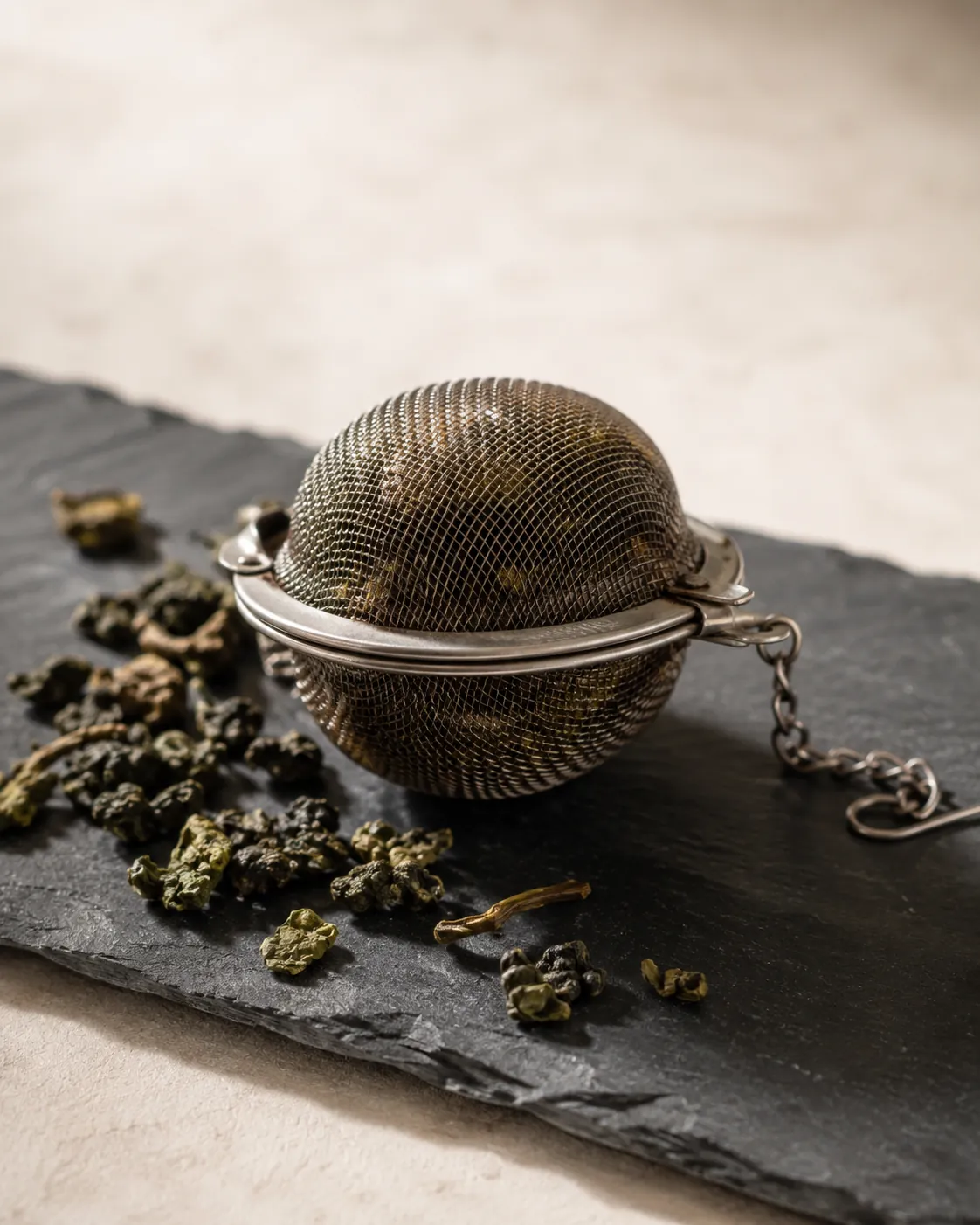 A small hinged mesh tea ball forced shut over a solid plug of swollen wet tea leaf, the leaf visibly compressed against the mesh