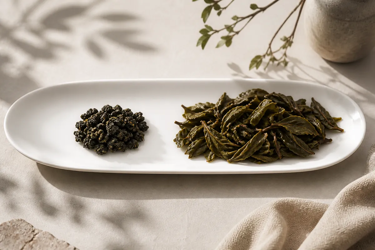 A small heap of dry rolled tea leaf on the left of a white dish and the same quantity after brewing on the right, the wet leaf spread out several times larger
