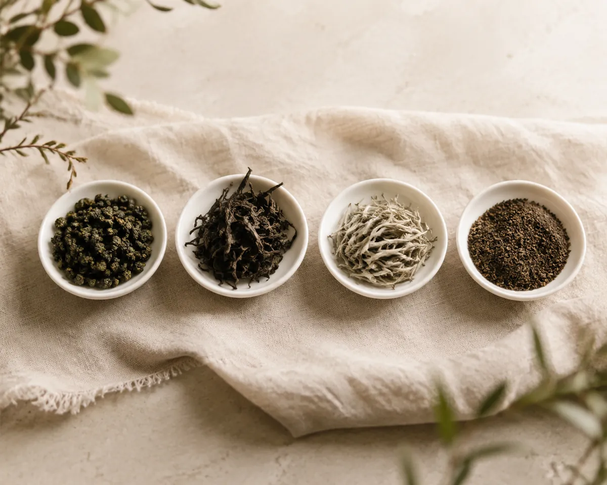 Four small white dishes in a row holding rolled oolong pellets, long twisted black leaf, whole white tea buds and fine broken tea dust