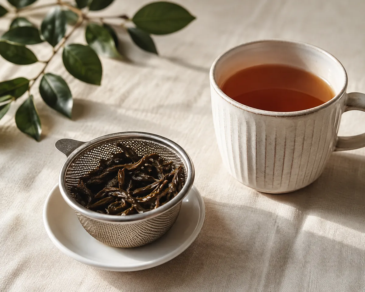 A steel mesh basket of wet dark tea leaf resting on a small white saucer beside a full mug of amber tea