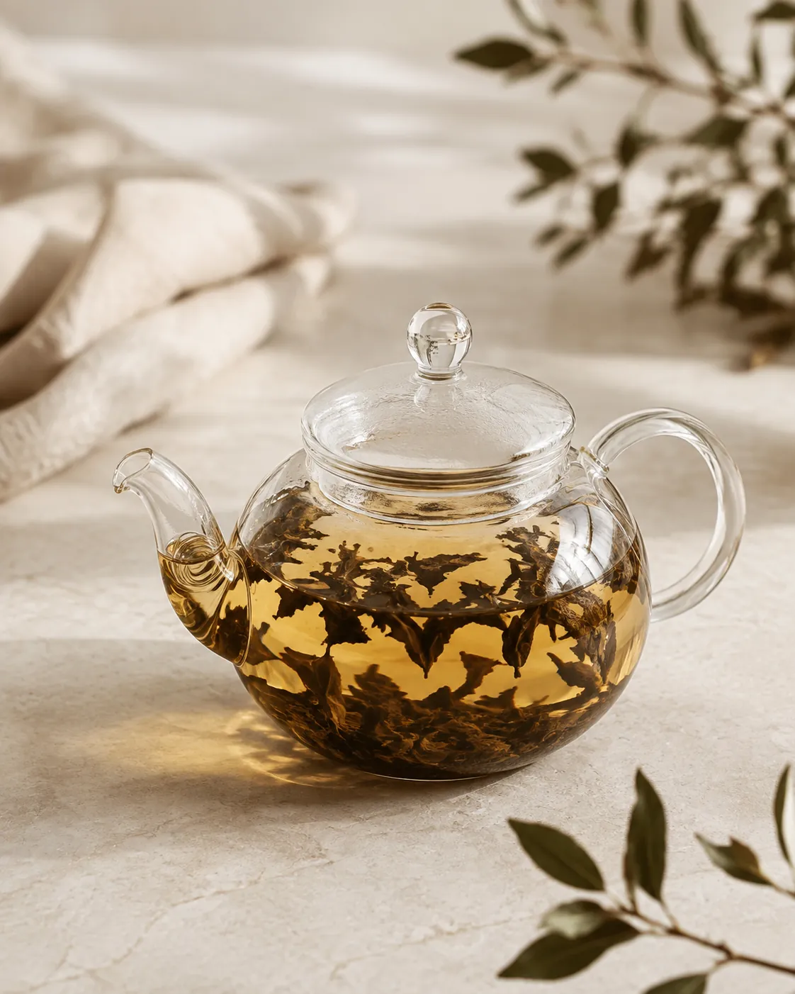 Loose tea leaves floating freely in a clear glass teapot with no infuser, fully opened