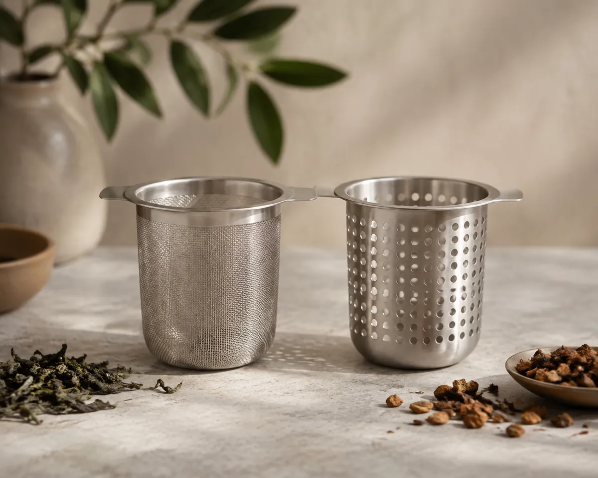 Two steel infuser baskets side by side, one walled in fine woven wire and one with large punched round holes