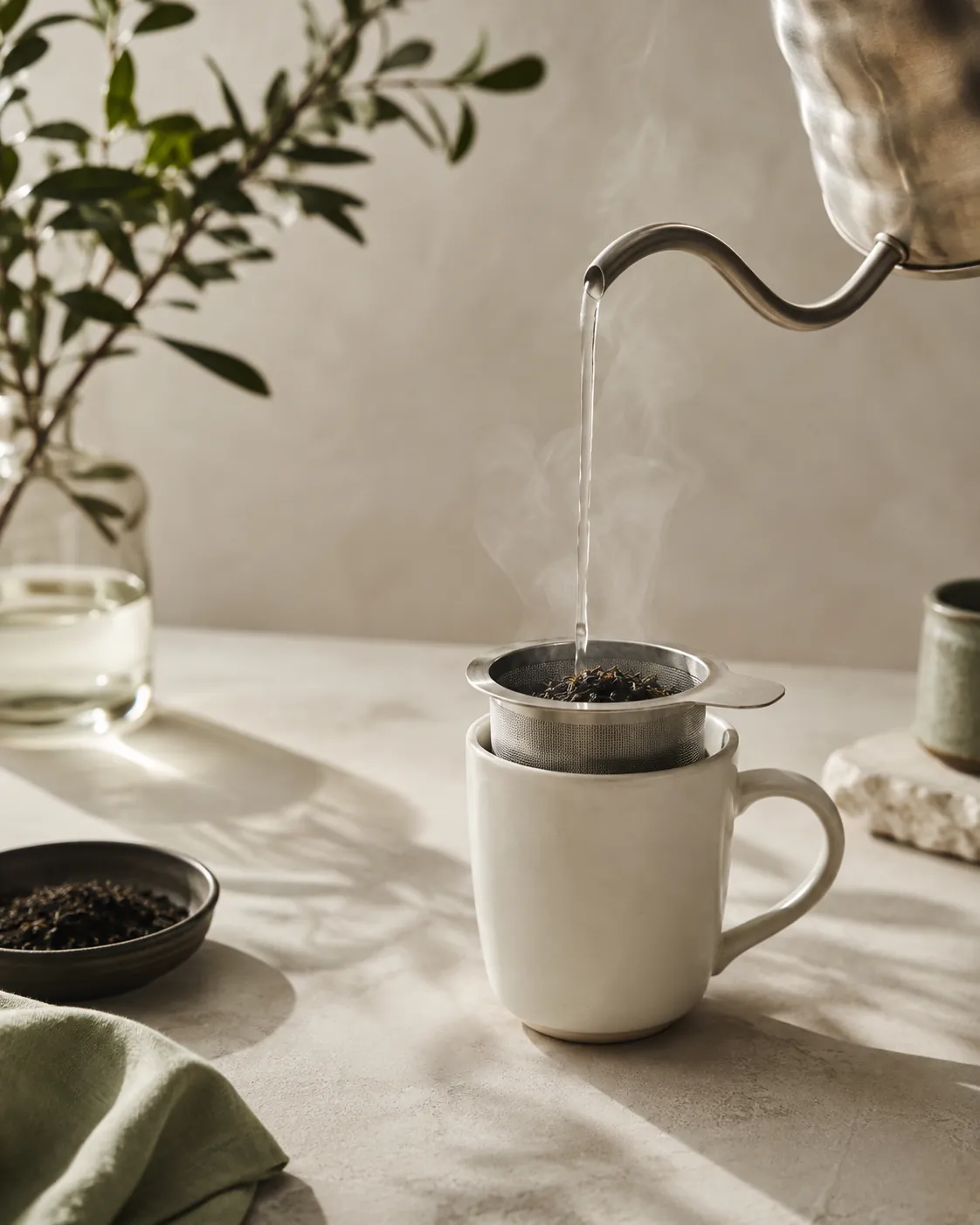 A thin stream of hot water falling from a gooseneck kettle onto dry tea leaf in a steel basket set inside a white mug