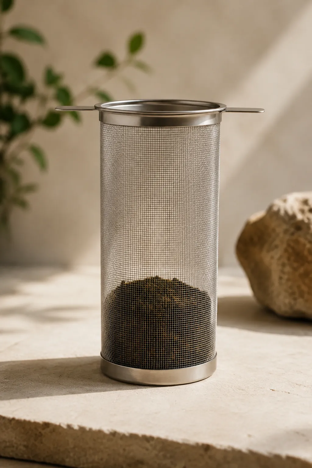 A steel mesh basket holding dry rolled tea leaf across only the bottom quarter of it, the rest of the basket empty