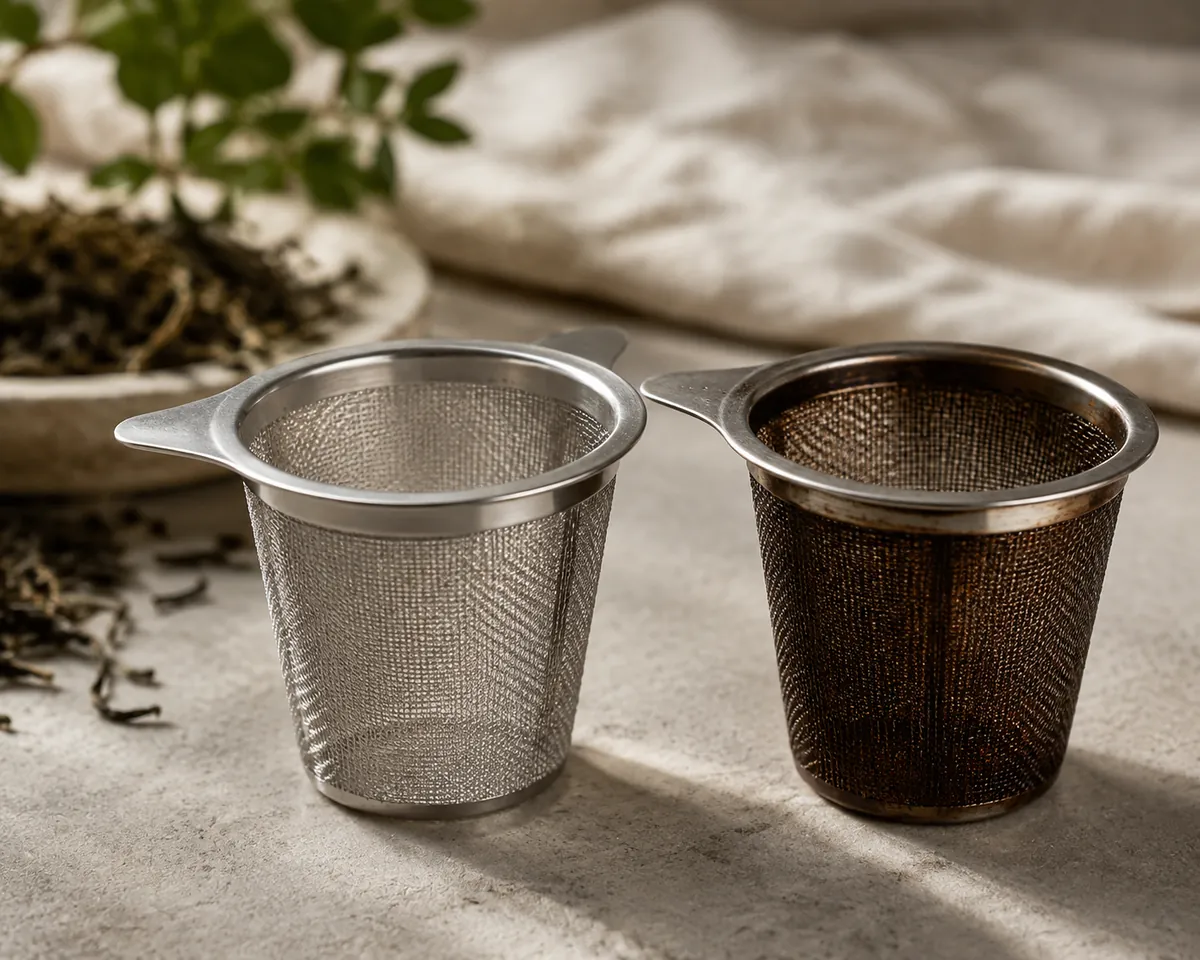 Two steel mesh baskets on a stone surface, one bright and clean and one darkened by a hard brown film across the weave